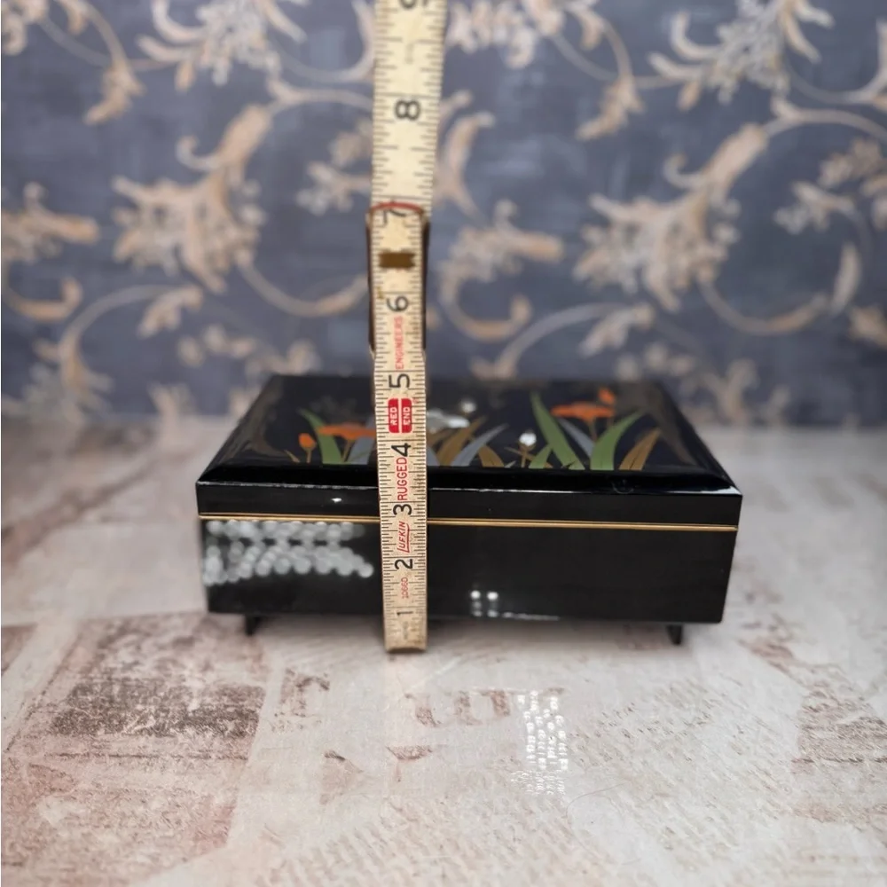 Vintage Black Lacquer Music Box Floral Inlay Jewelry Box Mirror Lid